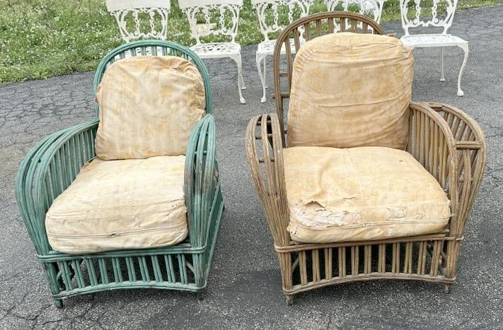 (2) DECO rattan armchairs, with cushions, one reclines slightly, structurally sound, nice overall: (2) DECO rattan armchairs, with cushions, one reclines slightly, structurally sound, nice overall condition, from Hudson Valley estate.