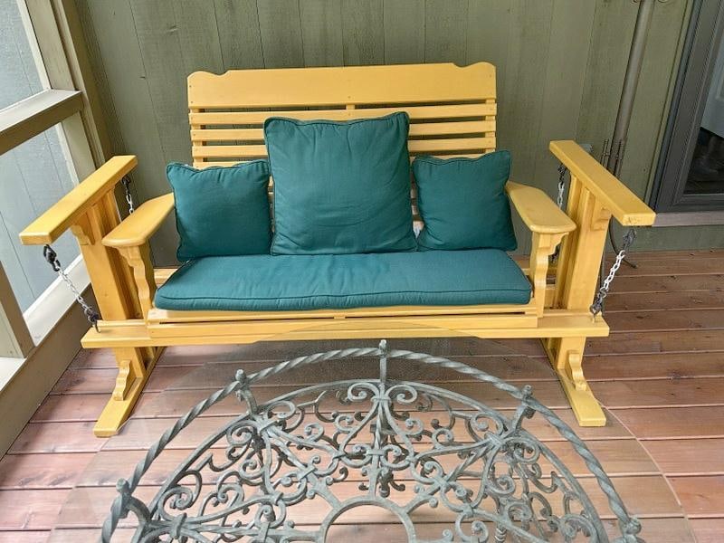 Nice quality porch glider, was used on screened in porch, well made, good looking, measures 45" high: Nice quality porch glider, was used on screened in porch, well made, good looking, measures 45" high x 67" long x 31" deep. From fine estate in Hudson Valley….