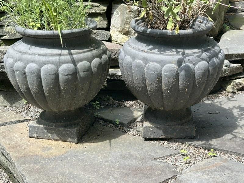Wonderful pair cast iron garden urns, from fine estate in Hudson Valley, good condition, measure: Wonderful pair cast iron garden urns, from fine estate in Hudson Valley, good condition, measure 17.5" high x 16" across. Have hole on bottoms….