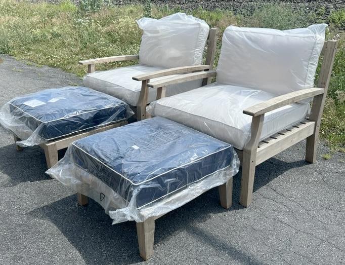 LANDS END wonderful teak pair of oversized armchairs with ottomans, and brand new L L BEAN cushions, (1 of 6)