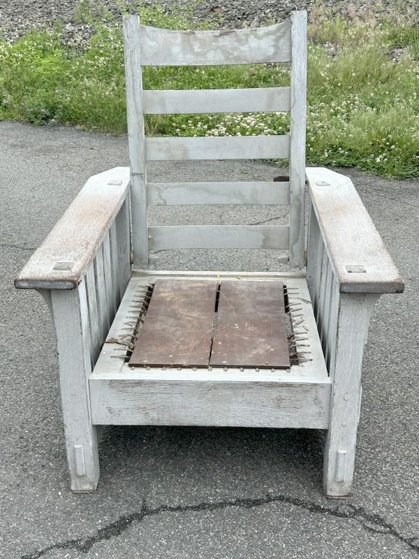 GUSTAV STICKLEY (?) Mission Oak armchair, in old paint, just as we found it in estate (1 of 5)