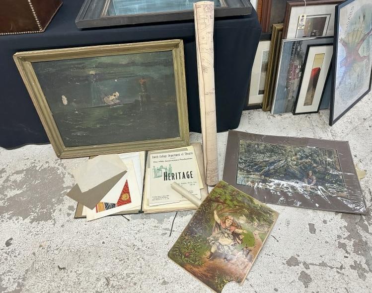 Misc. artwork estate lot, includes o/c ship painting with rips, etc. (1 of 4)