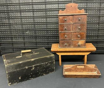 (4) pc. Estate country lot to include spice cabinet with stenciling names on drawers, small country