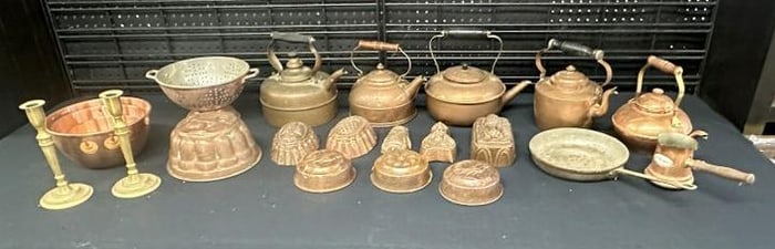 Estate lot older copper kitchenwares and some more contemporary, just as we found them in Hudson