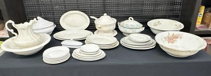 Estate lot IRONSTONE and other related porcelains…..covered tureen with ladle, washbowl with: Estate lot IRONSTONE and other related porcelains…..covered tureen with ladle, washbowl with pitcher, (2) other washbowls, etc. Good lot for a dealer to sort out…..