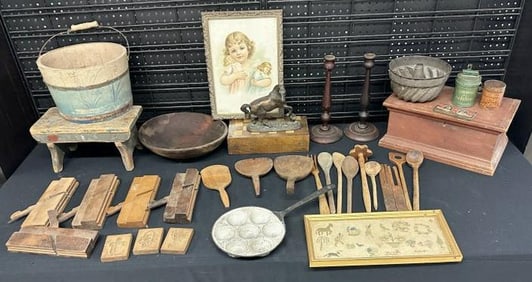 Estate country lot of woodenwares and more to include small blanket box for child, painted pail,
