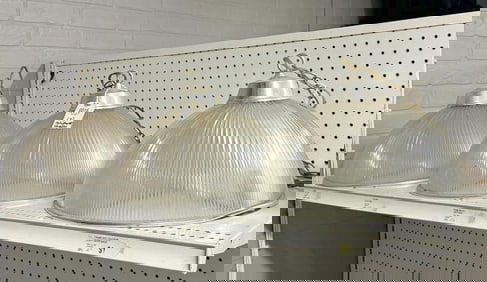 (3) HOLOPHANE hanging light fixtures, nice condition ( can use a cleaning ), from Hudson Valley