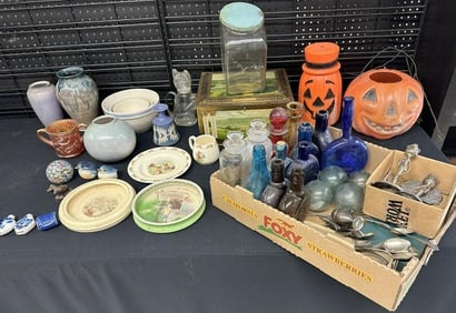 Misc. estate lot to include pottery, baby dishes, nest of bowls, PLANTERS PEANUT countertop jar, tin