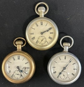 (3) estate oversized pocket watches, just as we found them, not running, ( AMERICAN WATCH CO.,