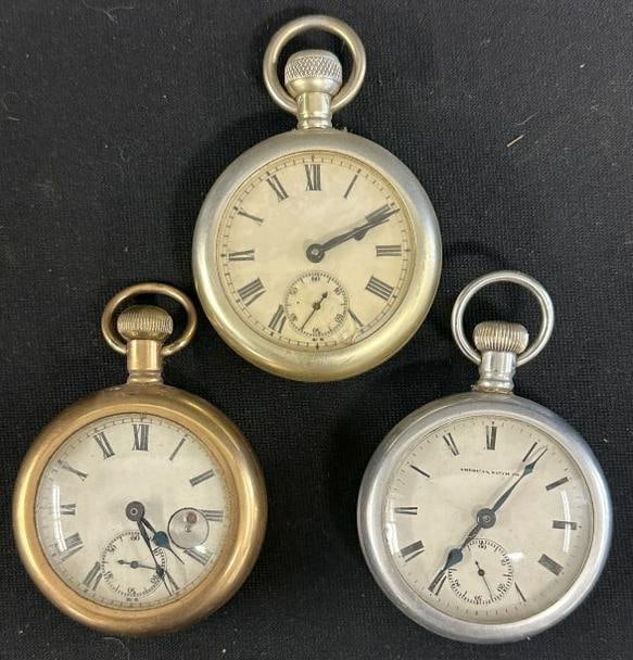 (3) estate oversized pocket watches, just as we found them, not running, ( AMERICAN WATCH CO., (1 of 2)