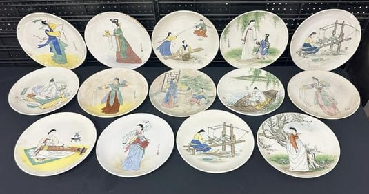 (14) handpainted KOREAN dishes with scenic fronts with occupational also, nice overall condition