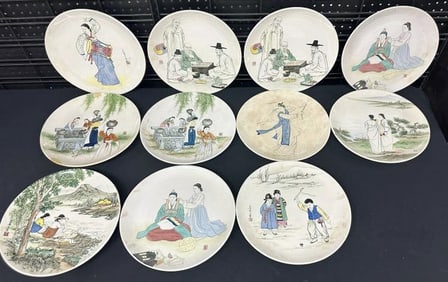 (11) handpainted KOREAN dishes with scenic fronts as pictured, one plates has two surface repairs,