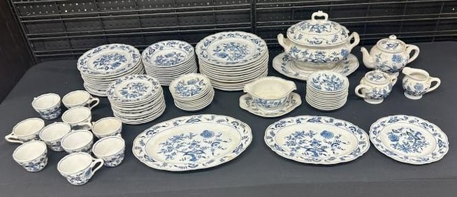 (85) pcs. BLUE DANUBE porcelain dinner set with serving pieces, covered tureen, platters, sugar &