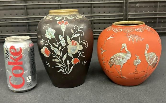 ASIAN (2) Mother of Pearl inlaid vases, both in nice condition, from Asian family's estate in the: ASIAN (2) Mother of Pearl inlaid vases, both in nice condition, from Asian family's estate in the Hudson Valley, they measure 6.5" & 7.5" high.