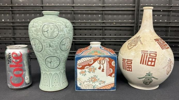(3) ASIAN porcelain vases, in nice estate condition, from Hudson Valley estate of Asian family, nice: (3) ASIAN porcelain vases, in nice estate condition, from Hudson Valley estate of Asian family, nice condition, ( the white one can use a cleaning ), to show scale the largest measures 9.25" high.