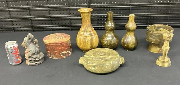 (8) pc. ASIAN soapstone or related stone lot to include vases, covered boxes, single
