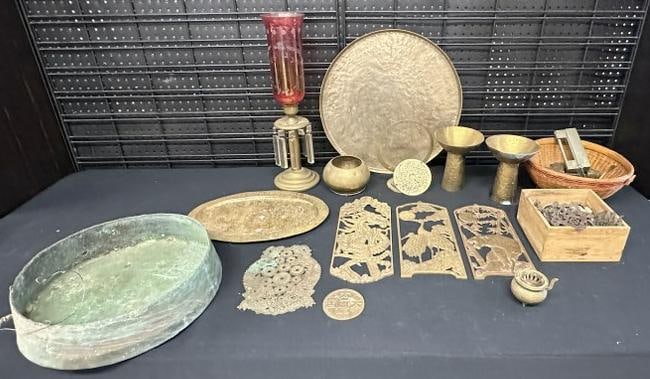 Misc. estate BRASS lot inlcuding Asian inspired items, cabinet locks, hardware, trays, etc. Good lot (1 of 9)