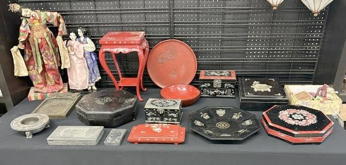 ASIAN estate lot of misc. items to include Mother of Pearl inlaid boxes, small red stand, tray, some (1 of 9)