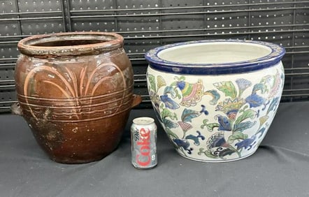 (2) jardinaires from local Korean family estate, one is terra cotta with glaze and other is a