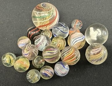 Estate lot old swirl MARBLES and one sulphide with a rooster. From local estate , nice overall