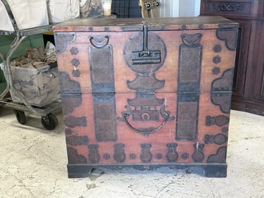 Asian chest of drawers with fancy decorated metalwork, wear to finish and patina, just as we found