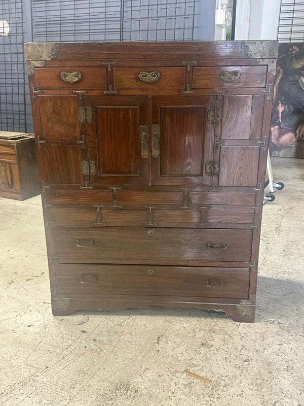 Asian chest, from Hudson Valley estate of a Korean family, structurally sound, has some wear to: Asian chest, from Hudson Valley estate of a Korean family, structurally sound, has some wear to finish, and age cracks…..nice form, measures 36" wide x 18" deep x 46" high.