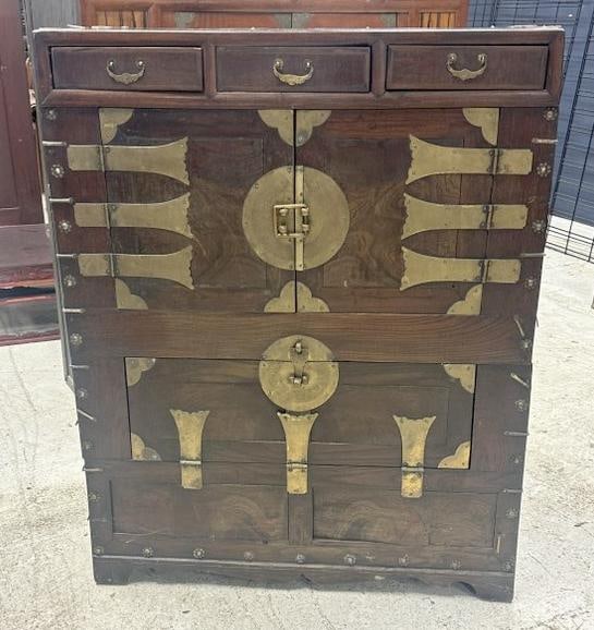 Asian chest with fancy brass accents and hardware, from Hudson Valley estate of a Korean family,: Asian chest with fancy brass accents and hardware, from Hudson Valley estate of a Korean family, structurally sound, some wear to finish, measures 39." high x 31.5" wide x 15.5" deep.