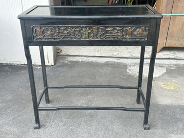 ASIAN black console table with carved scenic front panel, structurally sound, from Hudson Valley