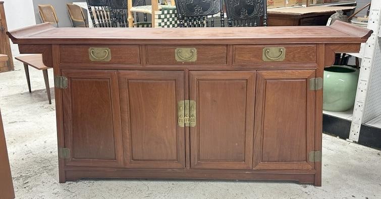 ASIAN hardwood sideboard with brass hardware, structurally sound, from Hudson Valley estate of a (1 of 2)