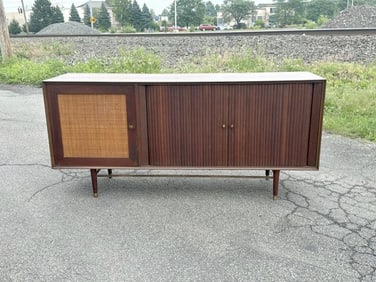 Mid Century Danish Modern style sideboard or entertainment cabinet ( has holes in back panel for
