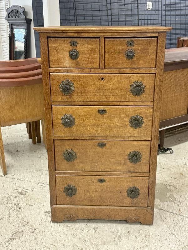 Nice diminutive circa 1910 oak dresser with decorative original brass hardware, structurally sound,: Nice diminutive circa 1910 oak dresser with decorative original brass hardware, structurally sound, a few wear spots to finish, from Hudson Valley estate. Measures 27" wide x 18" deep x 46" high.