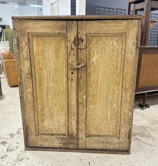 19th c Hudson Valley 2 door cupboard, has old worn grain paint, structurally sound, from Hudson (1 of 4)