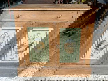 19th c pine washstand with handpainted scenic panels on the (2) doors, nice condition, from Hudson