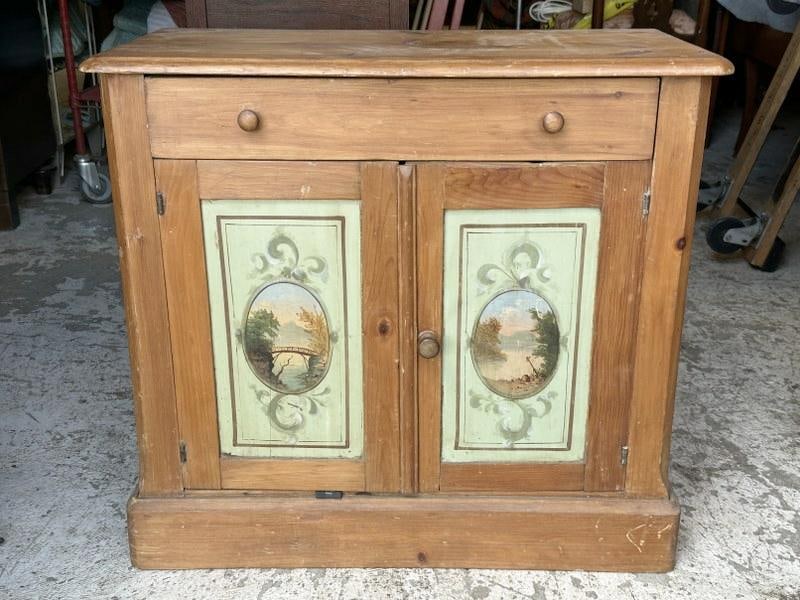 19th c pine washstand with handpainted scenic panels on the (2) doors, nice condition, from Hudson (1 of 3)