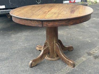 Circa 1910 round oak table, from local estate, measures 42" across x 28" high, structurally