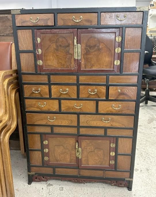 Asian multi drawer cabinet, from Hudson Valley estate of a Korean family, ( one door is off but: Asian multi drawer cabinet, from Hudson Valley estate of a Korean family, ( one door is off but there, needs new hinges, and one drawer needs adjustment, just as we found it. Measures 42" high x 27" w