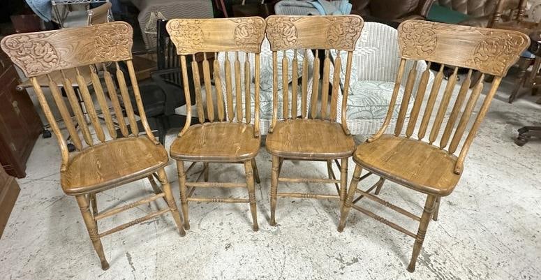 (4) Circa 1910 oak pressed back chairs with plank seats, structurally sound, from estate in Hudson (1 of 2)