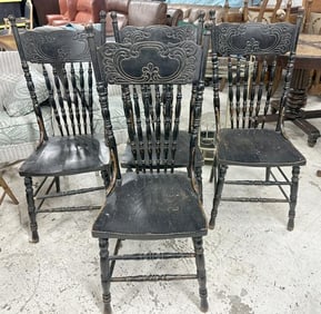 (4) oak pressed back circa 1910 chairs, with old black paint on them. From local estate in Hudson