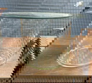 Unusual form glass stand with glass base and top, nice condition, measures 15.5" high x 24" across