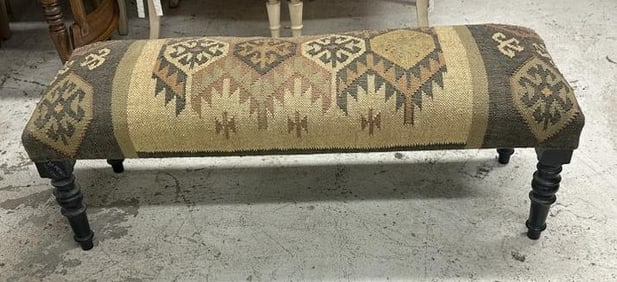 Nice decorative bench with old handmade rug as covering, structurally sound, good looking, measures