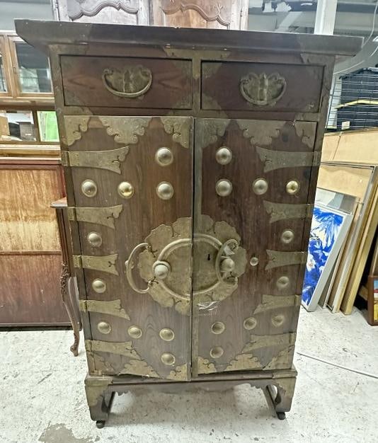 Asian hardwood drop front desk with interior drawers, on a base ( base might have been an add on: Asian hardwood drop front desk with interior drawers, on a base ( base might have been an add on from another piece ), worn finish, structurally sound, decorative trim and hardware. From Hudson Valley