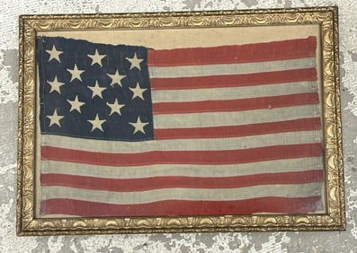 (13) star American Flag as found, in older frame, appears to be hand stitched, from Hudson Valley
