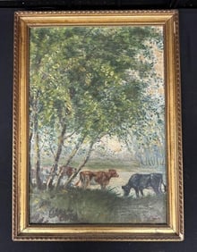 Circa 1900 o/c Cows grazing, signed ( W S Rogers ), in frame of the period, from Hudson Valley