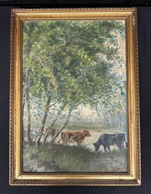 Circa 1900 o/c Cows grazing, signed ( W S Rogers ), in frame of the period, from Hudson Valley (1 of 3)