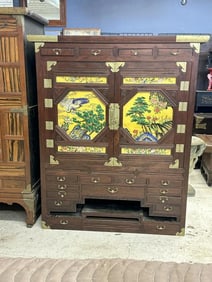 Asian hardwood multi drawer cabinet with what looks like handpainted doors under glass, from Hudson