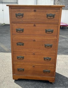 Circa 1910 oak (5) drawer dresser, structurally sound, original finish and brass hardware, measures