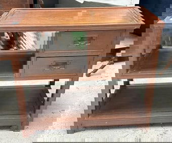 Asian hardwood (2) drawer cabinet with shelves ( had hinges on one side, maybe had a leaf at one