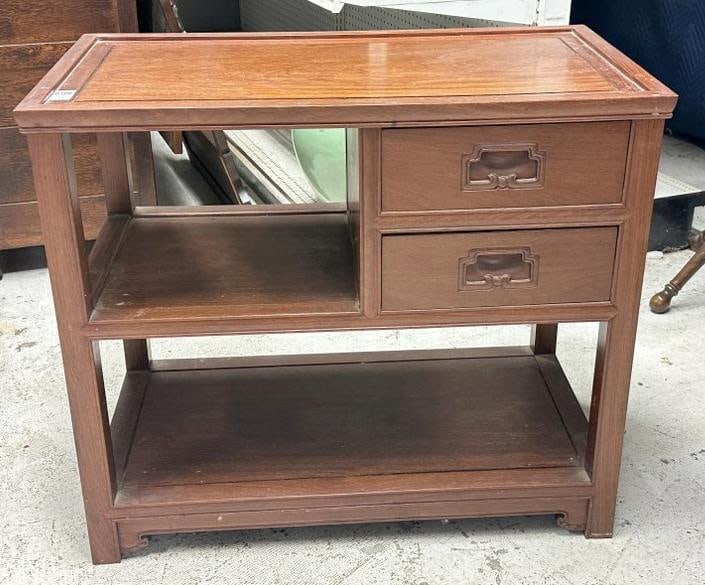 Asian hardwood (2) drawer cabinet with shelves ( had hinges on one side, maybe had a leaf at one (1 of 3)