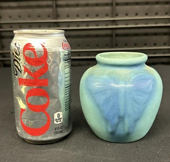 VAN BRIGGLE art pottery vase with butterflies on both sides, very nice condition, measures 4" high. (1 of 3)