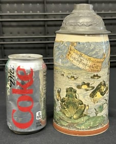 METTLACH half liter stein #1909/#1038 with frogs drinking, in nice estate condition. Measures 8"